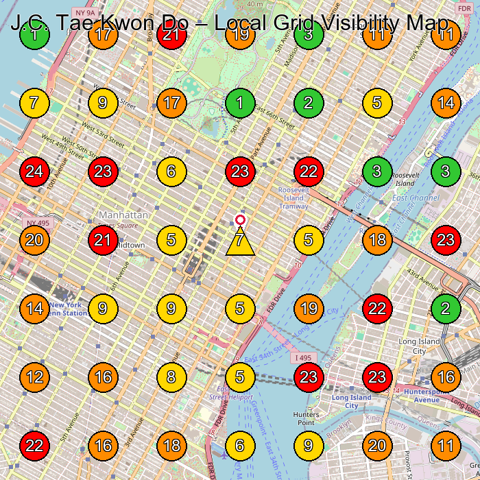 J.C. Tae Kwon Do Martial Arts School GeoGrid ranking map for New York NY